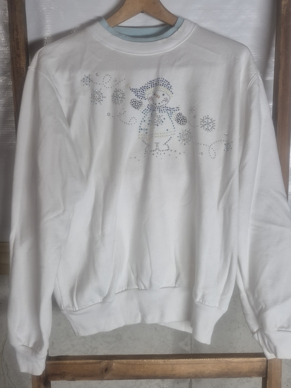 White Crewneck Sweater with Blue Rhinestone Snowman